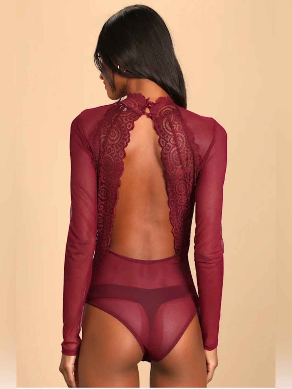 NWOT Lulu's Show Stopping Burgundy Sheer Lace Long Sleeve Bodysuit - Picture 2 of 9